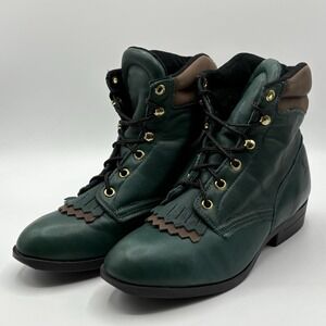 Laredo Performair Boots Women's 8 Green‎ Leather Fringe USA Made VTG 90s w/box